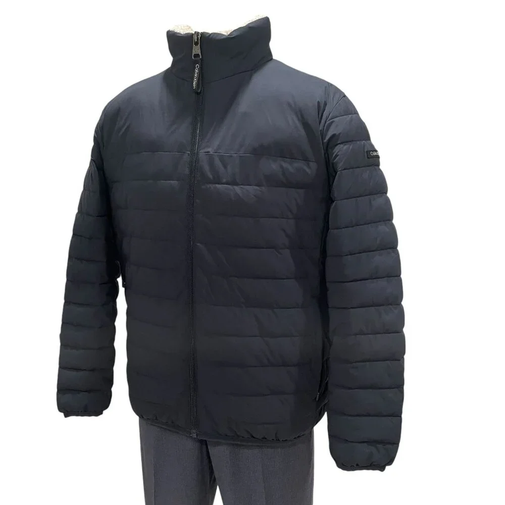 Calvin Klein Black Puffer Jacket L Water Resistant Sorona Aura‎ Faux Fur Lining